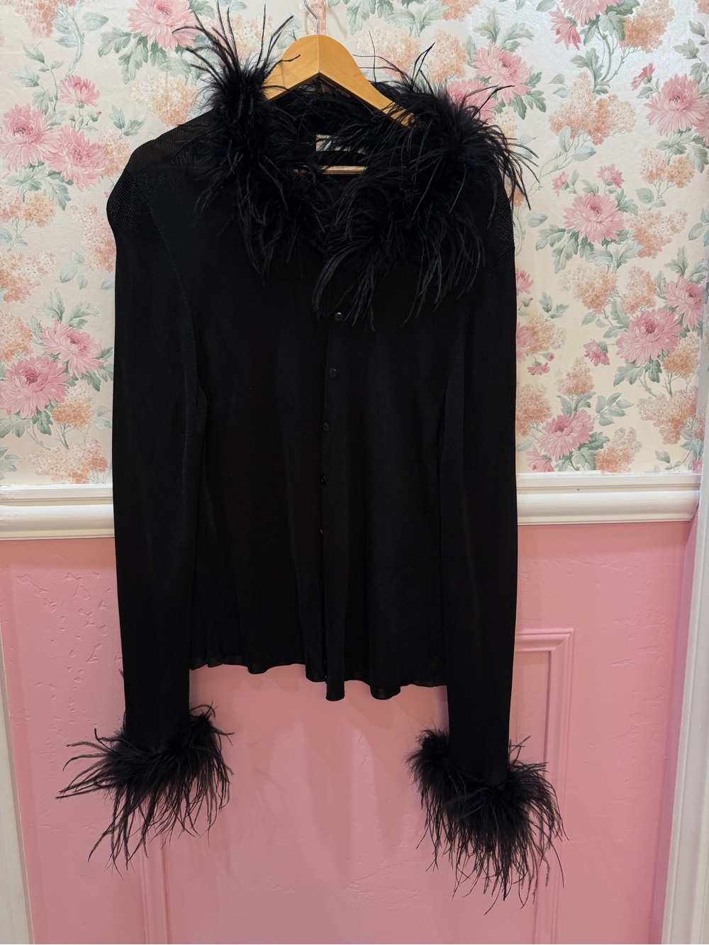 American Vintage Black Feather-Trim Button Down Shirt